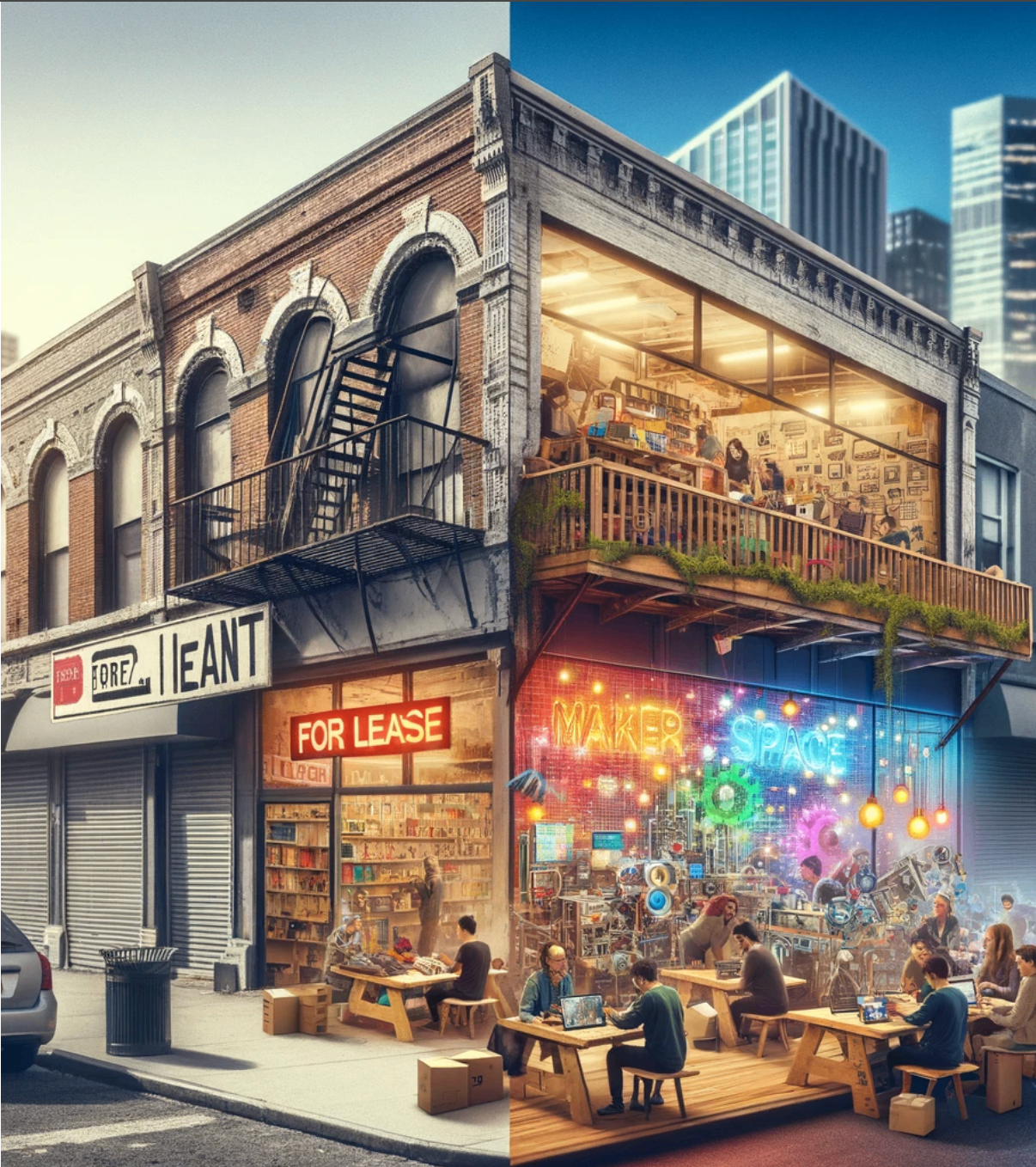 A vacant downtown storefront transformed into a vibrant makerspace full of activity