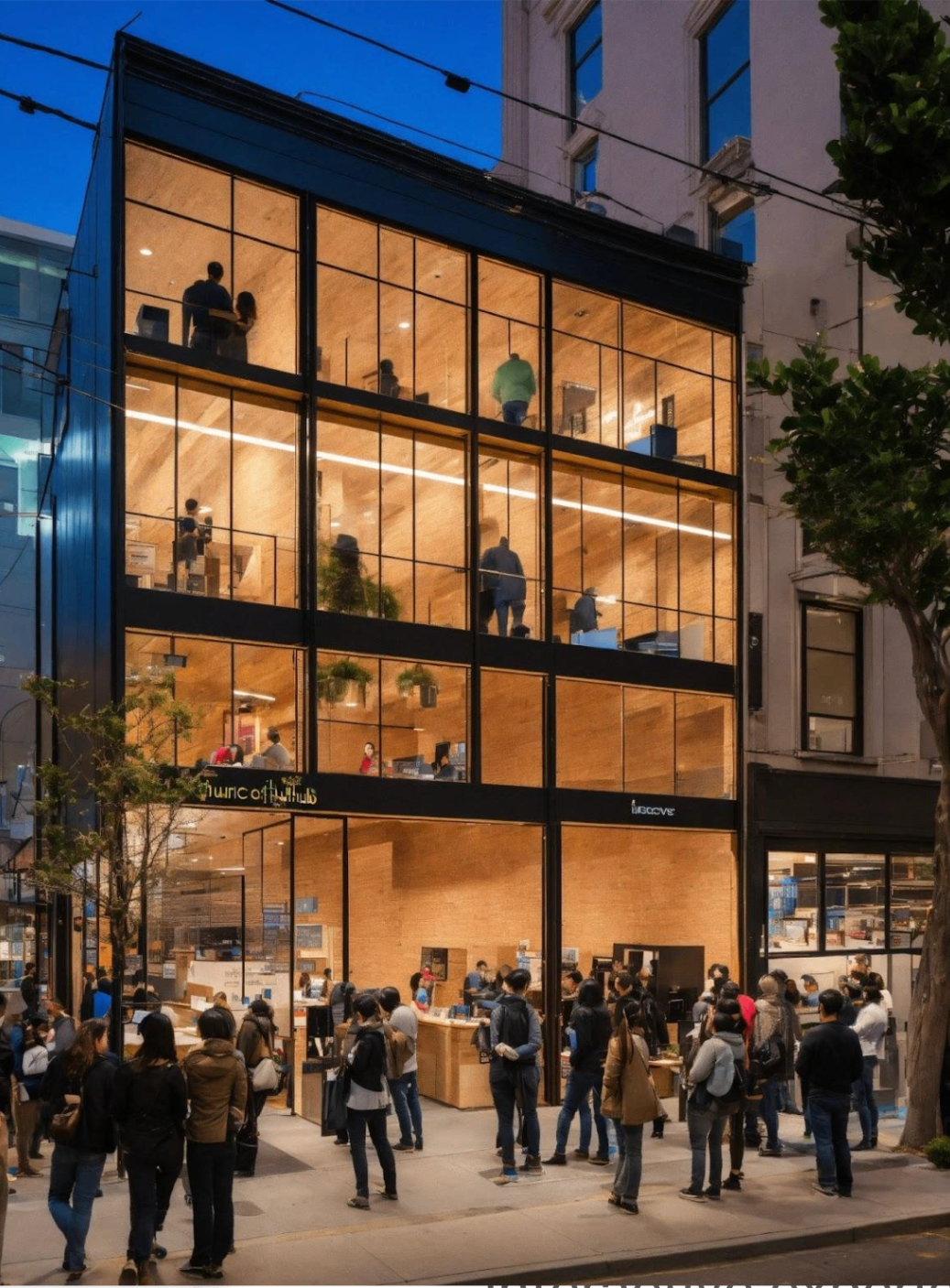 An activated downtown storefront drawing an evening crowd